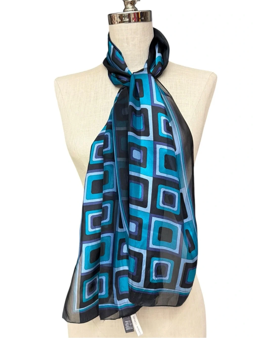 Casual Corner Blue Black Geometric Silk Scarf Retro Mod Print